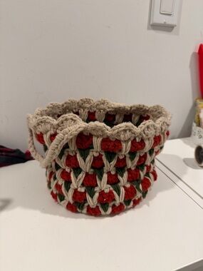 Handmade Crochet Basket with Red Rose Motif